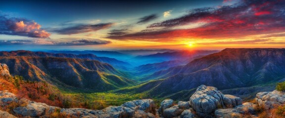 Naklejka premium Stunning sunset over mountain range with colorful sky