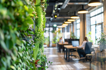 Obraz premium Green office interior with green plants, vertical garden walls and panoramic windows. Modern open space, an eco-friendly business concept design for a sustainable work environment.