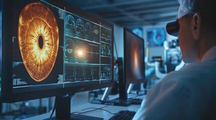 Radiologists work to diagnose and treat human eye diseases virtually on a modern screen interface.