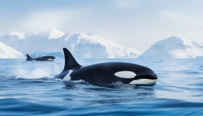 Fototapeta premium Groups of Orcas or killer whales swim and hunt for prey, the top of the food chain in a sea of ​​ice floes
