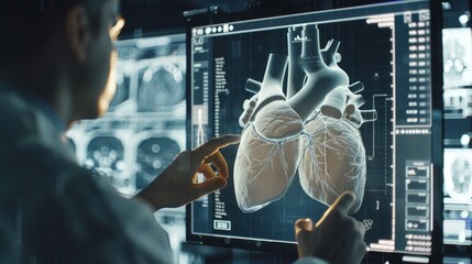 Radiologists work to diagnose and treat human heart disease virtually on a modern screen interface.