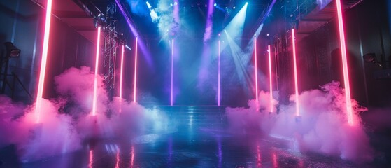 Stage featuring neon lights and smoke, creating a futuristic and dynamic environment for performances