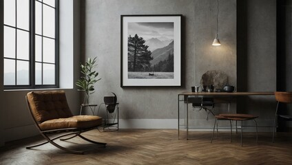 Modern living room with framed poster and natural light