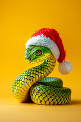 Fototapeta premium cute green snake wearing santa claus hat isolated on background, 2025 symbol of the year with copy space. Holiday reptile, Christmas cheer greeting card, New Year's mascot