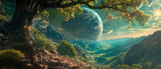 Sunlight filtering through a tree on a mountain top, illuminating lush valleys and a large planet in the sky, blending fantasy and science perfectly