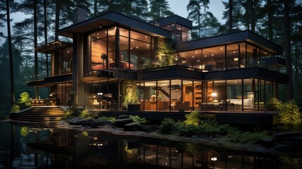 Obraz premium a house with a lot of windows and a pool with water in the foreground