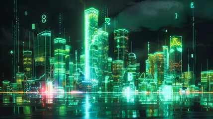 Fototapeta premium A digital cityscape with holographic elements and circuit patterns