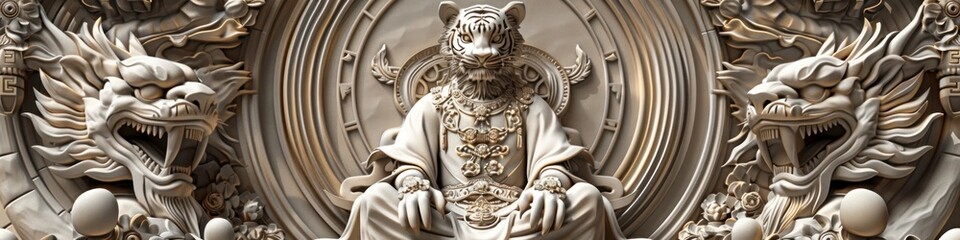 Regal Chinese Tiger Seated on Palace Throne in D Rendered Detailed Sketch
