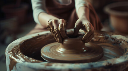 Skilled hands shape clay on a pottery wheel, creating art from earth.