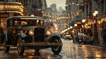 A warm, sepia-toned street scene evoking nostalgia with vintage cars and fashion from the roaring twenties