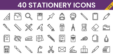 40 stationery icons in line style including pen, pencil, ruller, glue, cutter, scissor, sharpener, etc. For school and student
