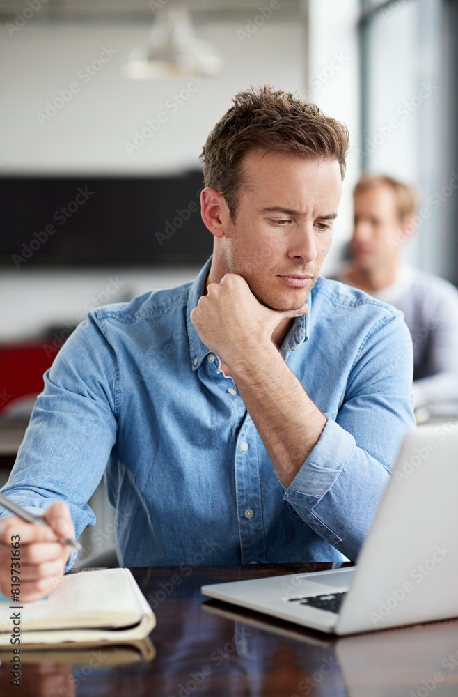 Poster Man, book and laptop in modern office with thinking for information, planning design proposal and connection. Male programmer, coding language and research on computer for software development ideas