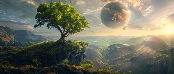 Tree on a mountain peak with sunlight filtering through, lush green hills and valleys around, and a large planet in the sky, merging fantasy and science
