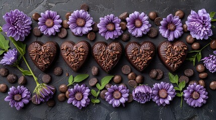   A box of chocolate-shaped hearts adorned with purple flowers
