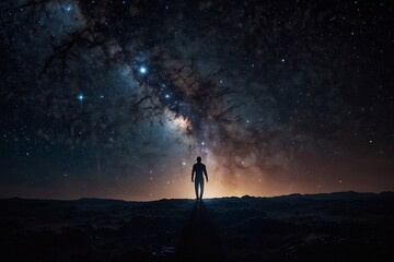 Fototapeta premium Humanoid Figure in the Void of Space Among Stars and Galaxies