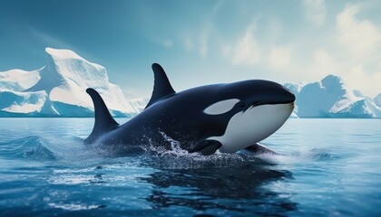 Fototapeta premium Groups of Orcas or killer whales swim and hunt for prey, the top of the food chain in a sea of ​​ice floes