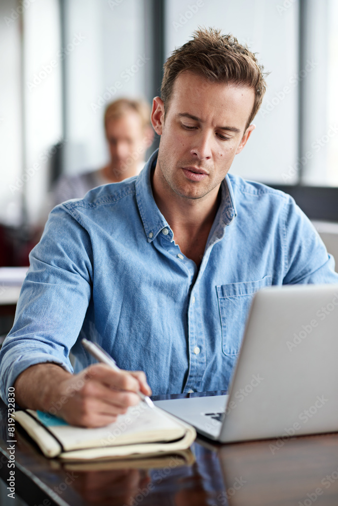 Poster Man, writing on notebook and laptop in modern office for information with planning design, email and internet research. Male programmer, coding language and learn on computer for software development