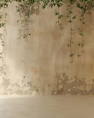 Old grunge beige drywall with plants hanging on the wall. empty space for product display