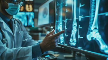 Radiologists work to diagnose and treat human toe bone diseases through a modern screen interface.