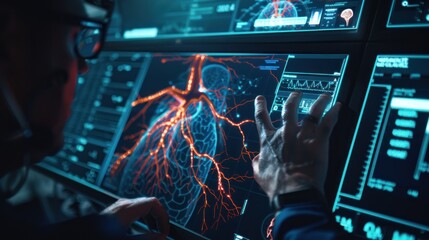 Radiologists work to diagnose and treat virtual human vascular disease on a modern screen interface.