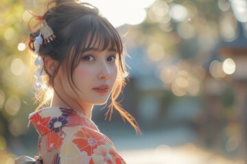 Young Japanese Woman Dressed in Traditional Kimono