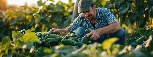 the farmer collects cucumbers. Selective focus - Powered by Adobe
