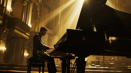 Pianist immersed in music amid the grandeur of an opulent concert hall.