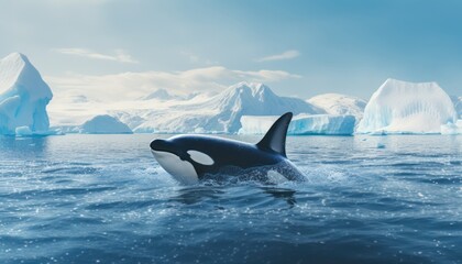 Fototapeta premium Groups of Orcas or killer whales swim and hunt for prey, the top of the food chain in a sea of ​​ice floes