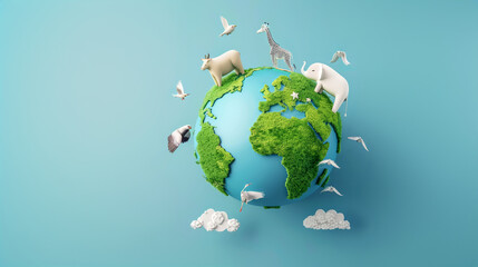 World Wildlife Day. 3D rendering of Earth with different wild animals and birds. Eco-friendly, connection to nature. Environment protection, ecology awareness concept.