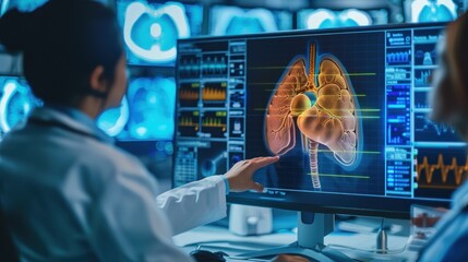 Radiologists work to virtually diagnose and treat human liver disease on a modern screen interface.