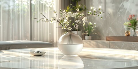 Elegant Glass Vase with Flowers on Marble Table