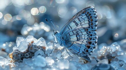   A close-up of a blue butterfly on an icy bed surrounded by crystals