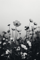 flowers by ai, black and white photography, small cosmos and daisy flowers, wildflowers, blurry background, foggy day, photorealistic // ai-generated 