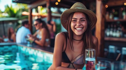 Smiling woman hanging out with friends at poolside bar