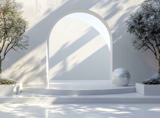 White 3D Podium with Trees and Sphere for Product Display