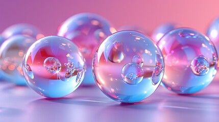   A set of shimmering glass orbs atop a white and pink backdrop with water droplets splattered around them