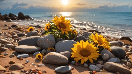 stones and sunflowers on the beach generative Ai 