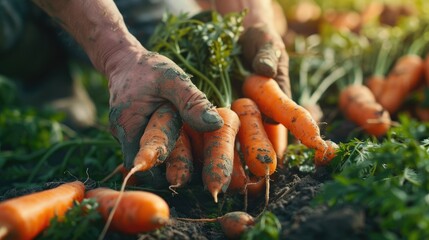 a farmer harvests carrots. Selective focus