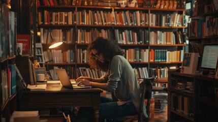 Pensive writer with curly hair types on a laptop in a cozy library corner.