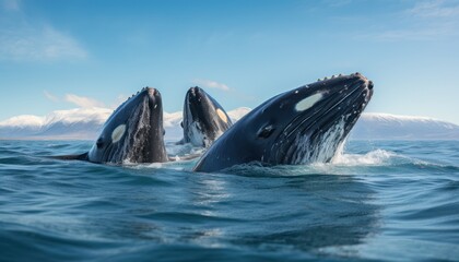 Fototapeta premium Groups of Orcas or killer whales swim and hunt for prey, the top of the food chain in a sea of ​​ice floes