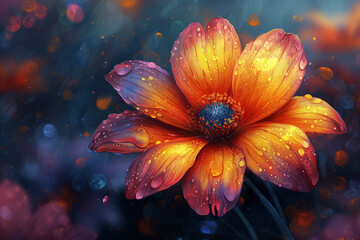 flower by ai, blossoming orange and purple flower with dew drops on it, fantasy art style, dark background, bokeh, photorealistic // ai-generated 