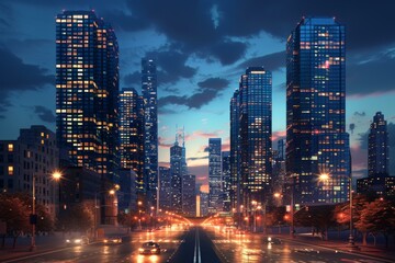 Obraz premium City Street with Towering Skyscrapers