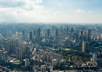 Fototapeta premium Aerial view of the central urban area under the Wuhan skyline, China.