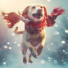 Happy labrador jumping close-up against the backdrop of falling snow. Dog wearing a scarf on a...