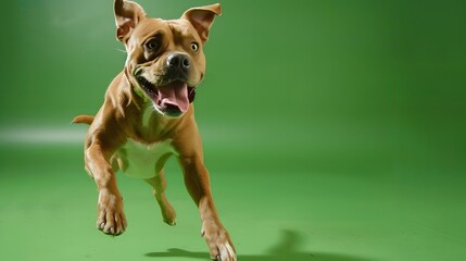 Funny young bulldog active on green background with empty space. Happy domestic pet. 