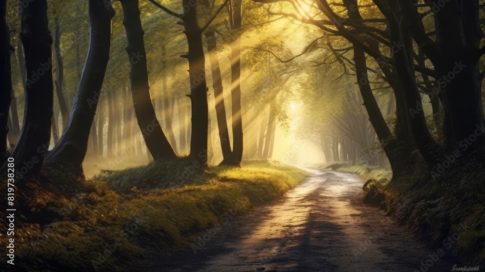 Poster enchanting forest pathway with beams of sunlight filtering through the trees, creating a mystical at