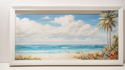 A framed painting of a beach scene with a sailboat in the distance.

