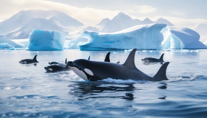Fototapeta premium Groups of Orcas or killer whales swim and hunt for prey, the top of the food chain in a sea of ​​ice floes