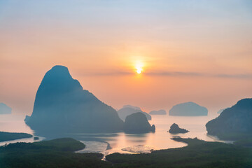 Phang Nga Bay viewed from Samet Nangshe viewpoint towards Andaman sea during sunrise, Takua Thung...