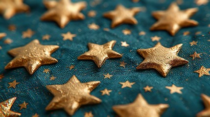   A close-up of golden stars on a teal fabric with stars on either side and top